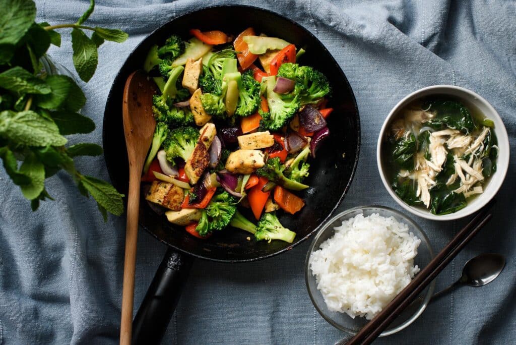 healthy stir fry with soup and white rice