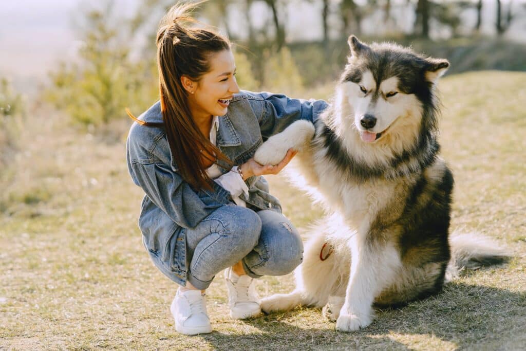 young woman playing outside with a husky